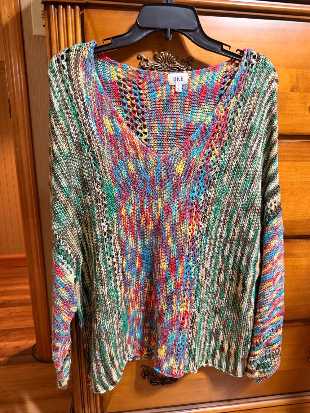 BKE NWOT Multicolor V-Neck Open-Knit Sweater in Blue Green Red Yellow Cream